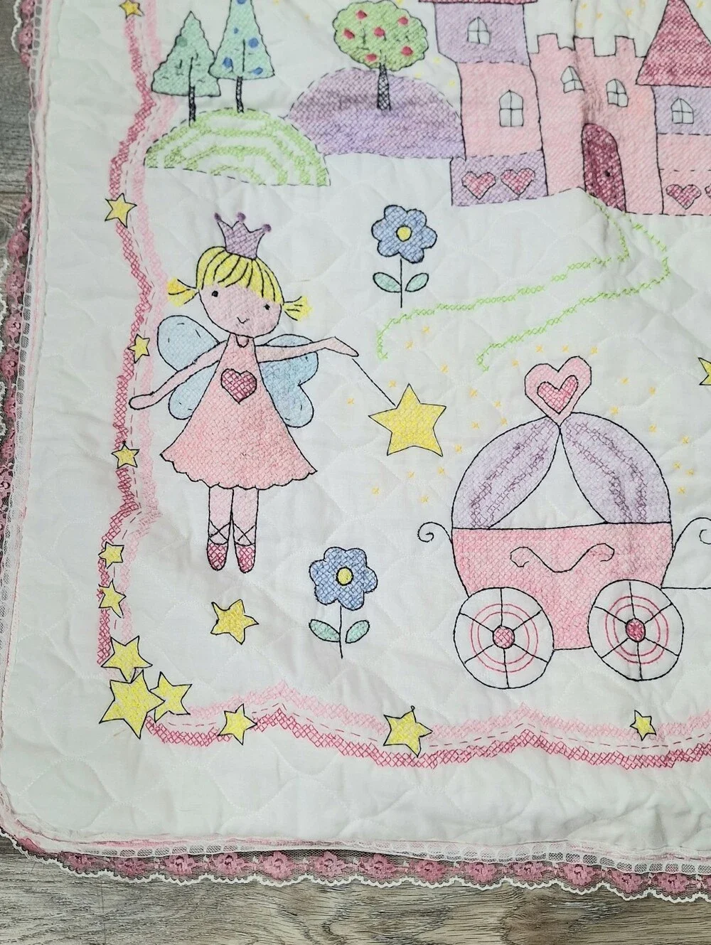 Bucilla Princess Handmade Cross Stitched Baby Quilt With Lace Edging 32 X 41